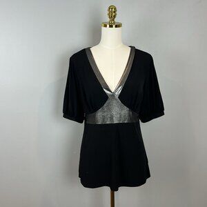 AB Studio Babydoll Top Womens Size Medium Y2K Black Silver Metallic Short Sleeve